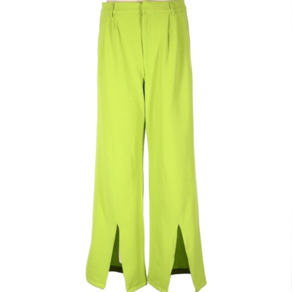 Happily Grey Lime Green High Waist Wide Leg Split Hem Pants